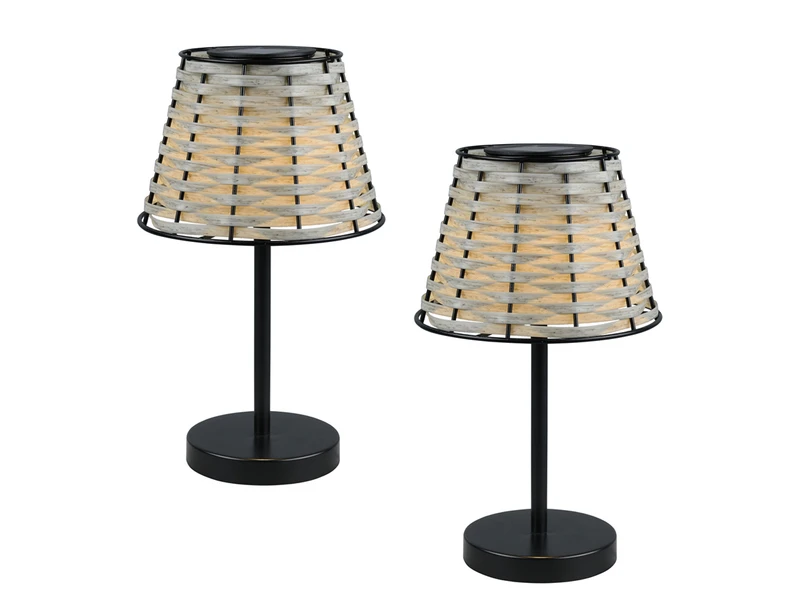 MeineWunschleuchte 2er SET Solar LED Tischleuchten Schwarz Mit Lampenschirm Rattanoptik Höhe 32cm – Bild 2