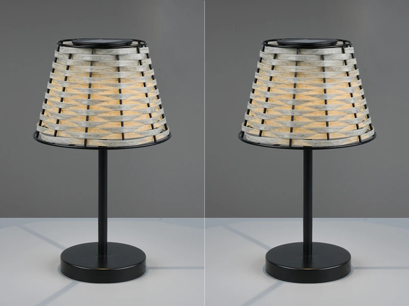 MeineWunschleuchte 2er SET Solar LED Tischleuchten Schwarz Mit Lampenschirm Rattanoptik Höhe 32cm – Bild 3