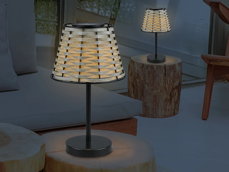 MeineWunschleuchte 2er SET Solar LED Tischleuchten Schwarz Mit Lampenschirm Rattanoptik Höhe 32cm – Bild 5