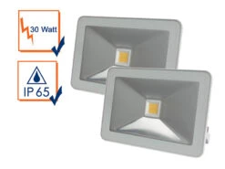 Perel 30 Watt LED Strahler ALU 2er SET, 3000 Kelvin Warmweiß, IP65, 15x21cm