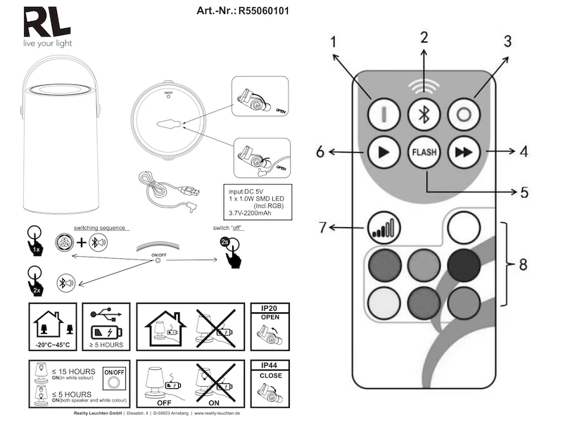 Reality Leuchten Akku LED Tischleuchte BERMUDA Mit RGB & Bluetooth Lautsprecher, H: 21cm â Bild 11