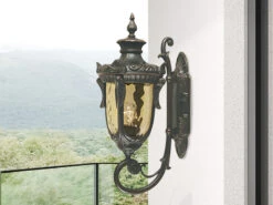 MeineWunschleuchte LED Außenwandlaterne Im Jugendstil Mit Amberglas, Stehend Höhe 53cm