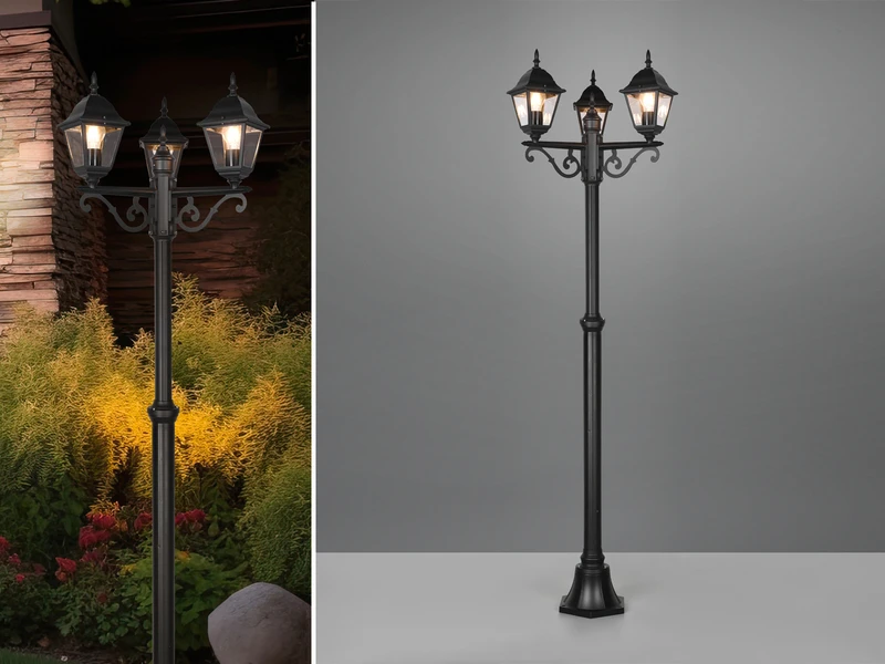 MeineWunschleuchte LED Mastleuchte 3-flammige Laterne, Aluminium Schwarz Höhe 200cm