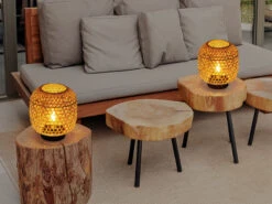 MeineWunschleuchte LED Solar Tischleuchten 2er SET Aus Bambus Korbgeflecht, Höhe 27cm