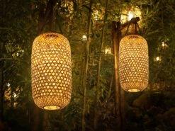 MeineWunschleuchte LED Solarlaternen 2er SET Hängend Aus Bambus Korbgeflecht Höhe 56,5cm