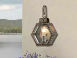 QUINTIESSE Rustikale Außenwand Laterne HEATH Hängend Sechseckig, Bronze Höhe 42cm