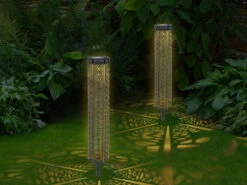 MeineWunschleuchte Solar Dekoleuchten 2er SET Mit Stanzungen & Erdspieß, Schwarz Gold, Höhe 35cm