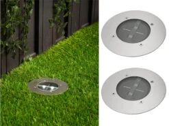 MeineWunschleuchte Solar LED Bodeneinbaustrahler 2er SET Für Außen, Edelstahl Rund Ø14cm IP67