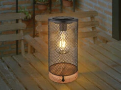 Globo Solar Tischleuchte Aus Drahtgeflecht Schwarz Mit Holzsockel, Höhe 25,5cm