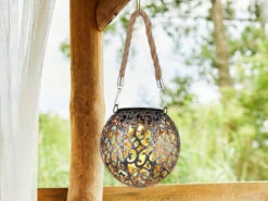 Globo Solarlaterne Hängeleuchte Mit Seil, Leuchtkugel Metall Silber Antik Ø12cm